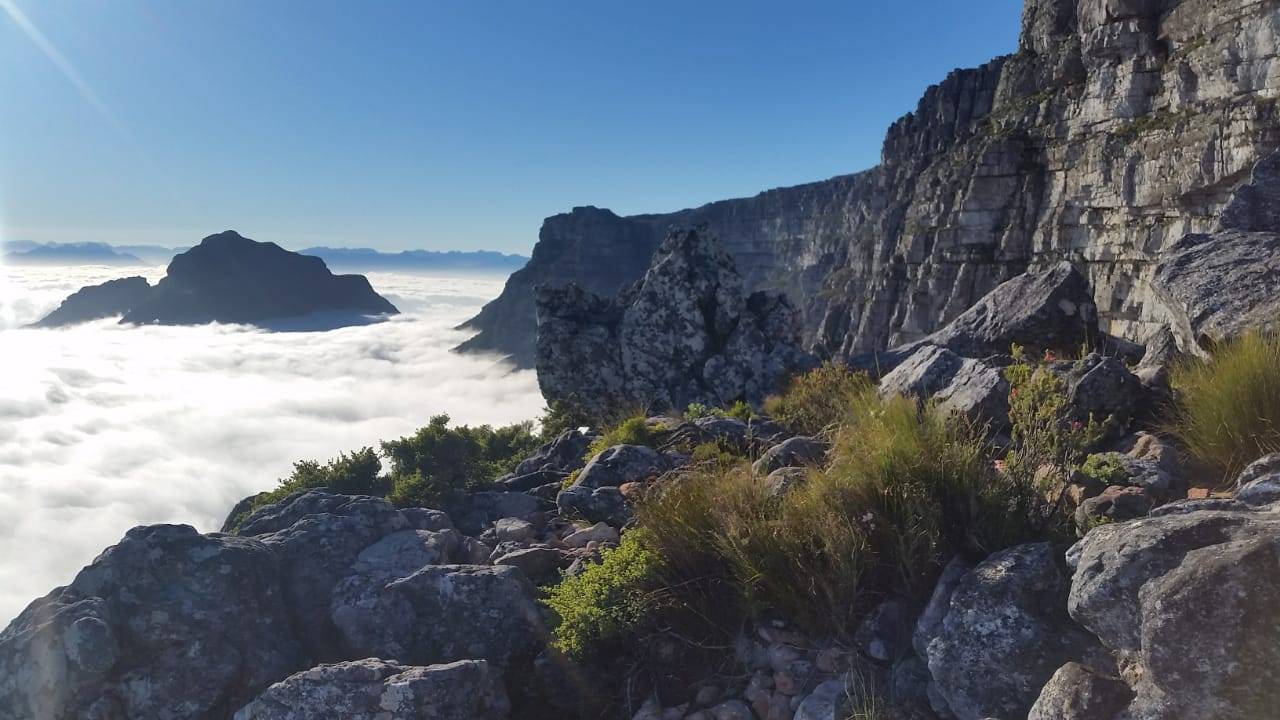 Table Mountain towering above the fog over Cape Town